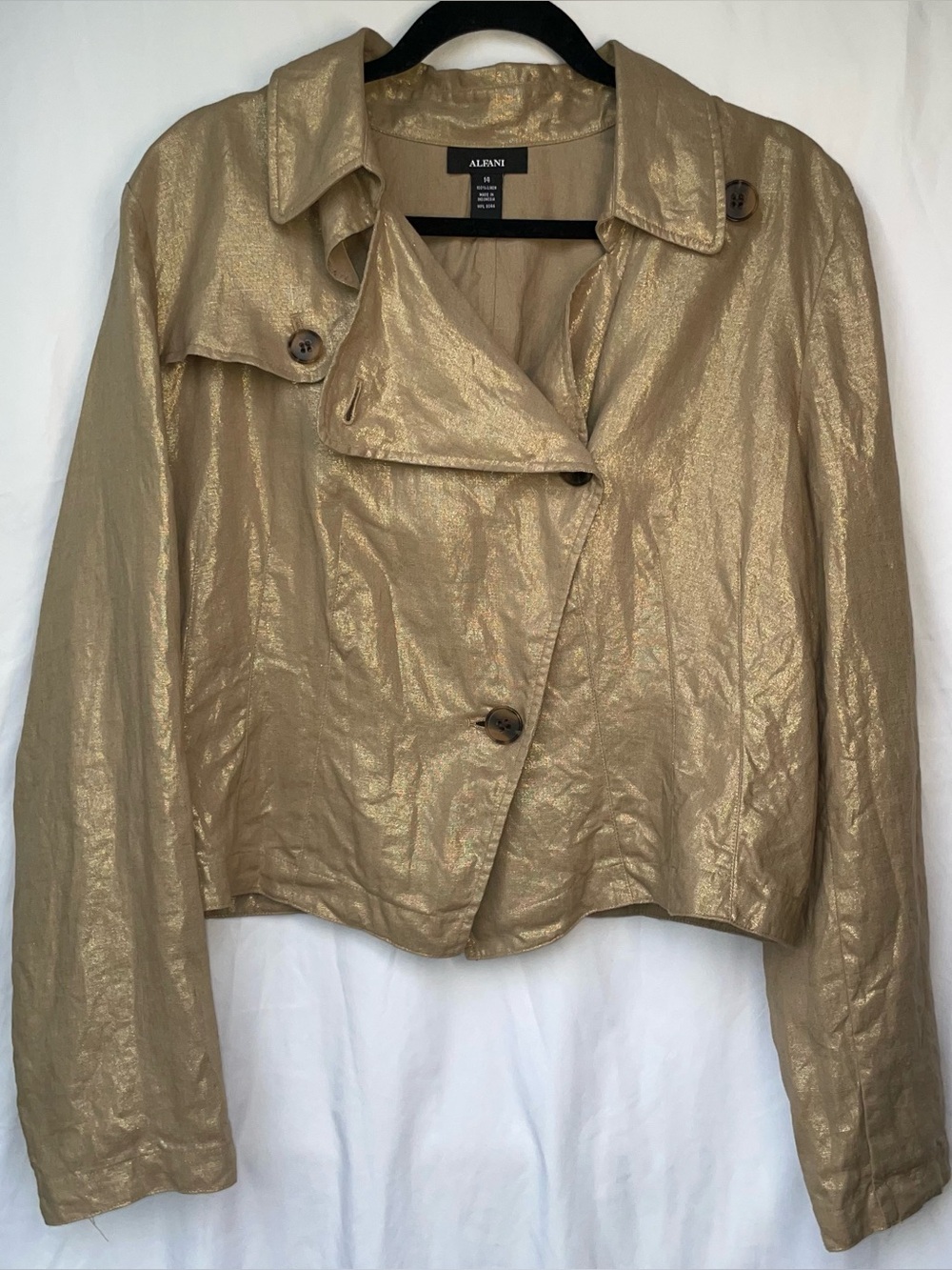 Alfani Women's Metallic Gold 100% Linen Asymmetrical Blazer Size 14